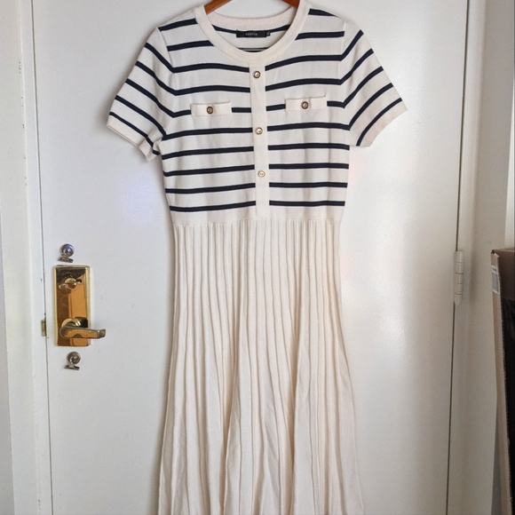 Zesica Midi Striped Crewneck Short Sleeve Knit Button Pleated Swing Dress XL - Picture 2 of 16